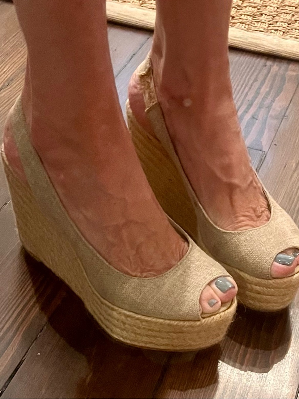 Women's Beige Espadrille Wedge Peep-Toe Platform Heels